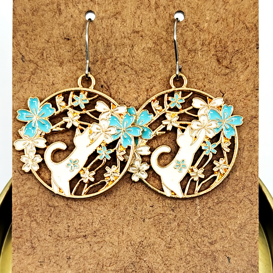 Blue Reaching Cat Earrings