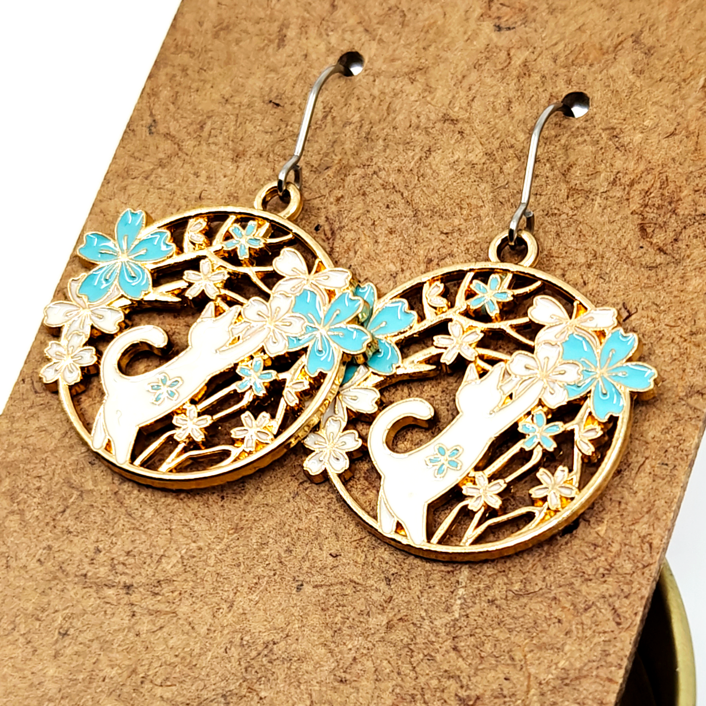 Blue Reaching Cat Earrings