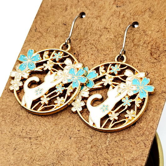 Blue Reaching Cat Earrings
