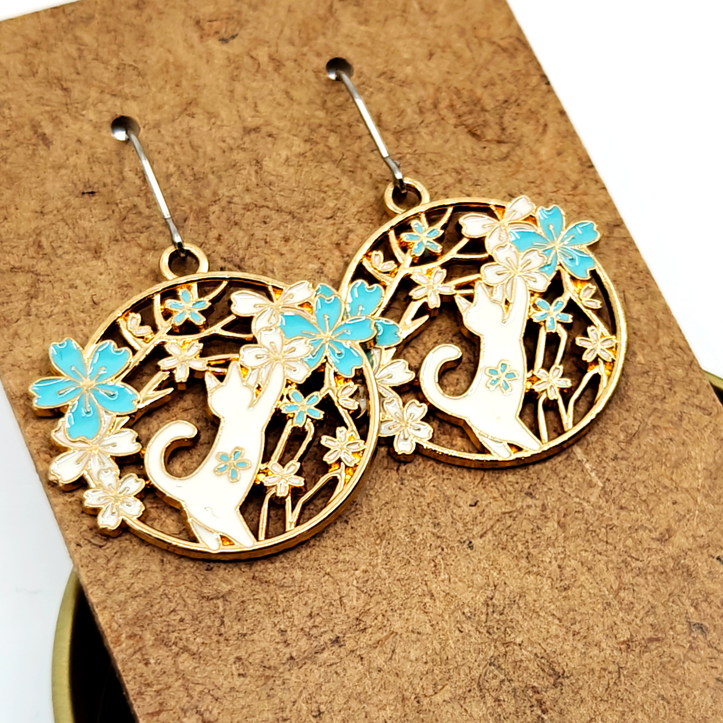 Blue Reaching Cat Earrings