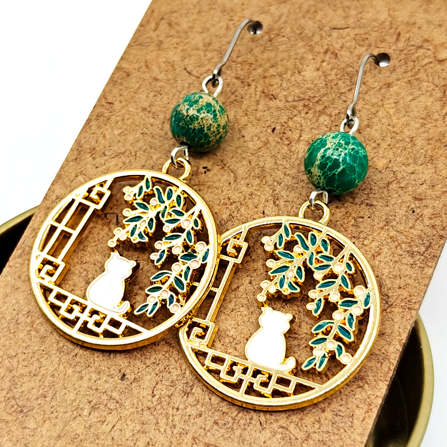 Green Cat Earrings