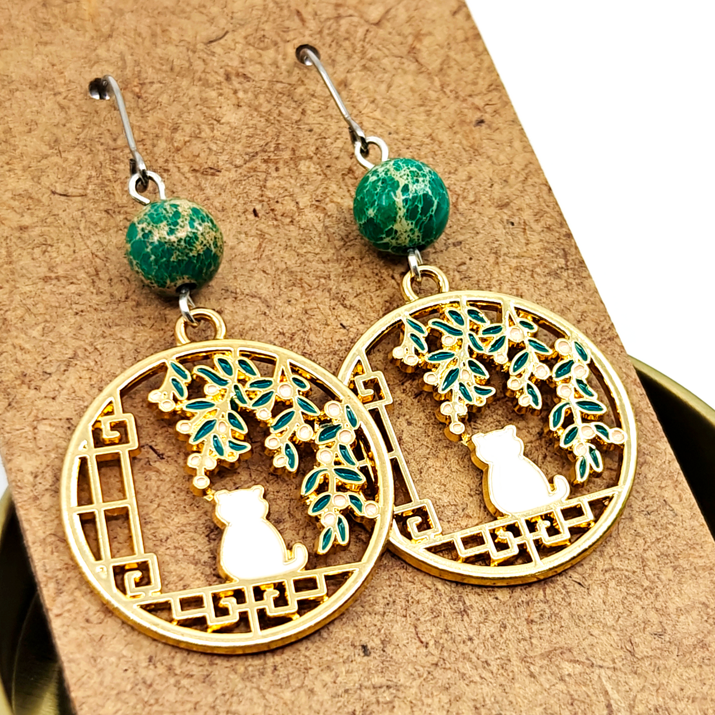 Green Cat Earrings