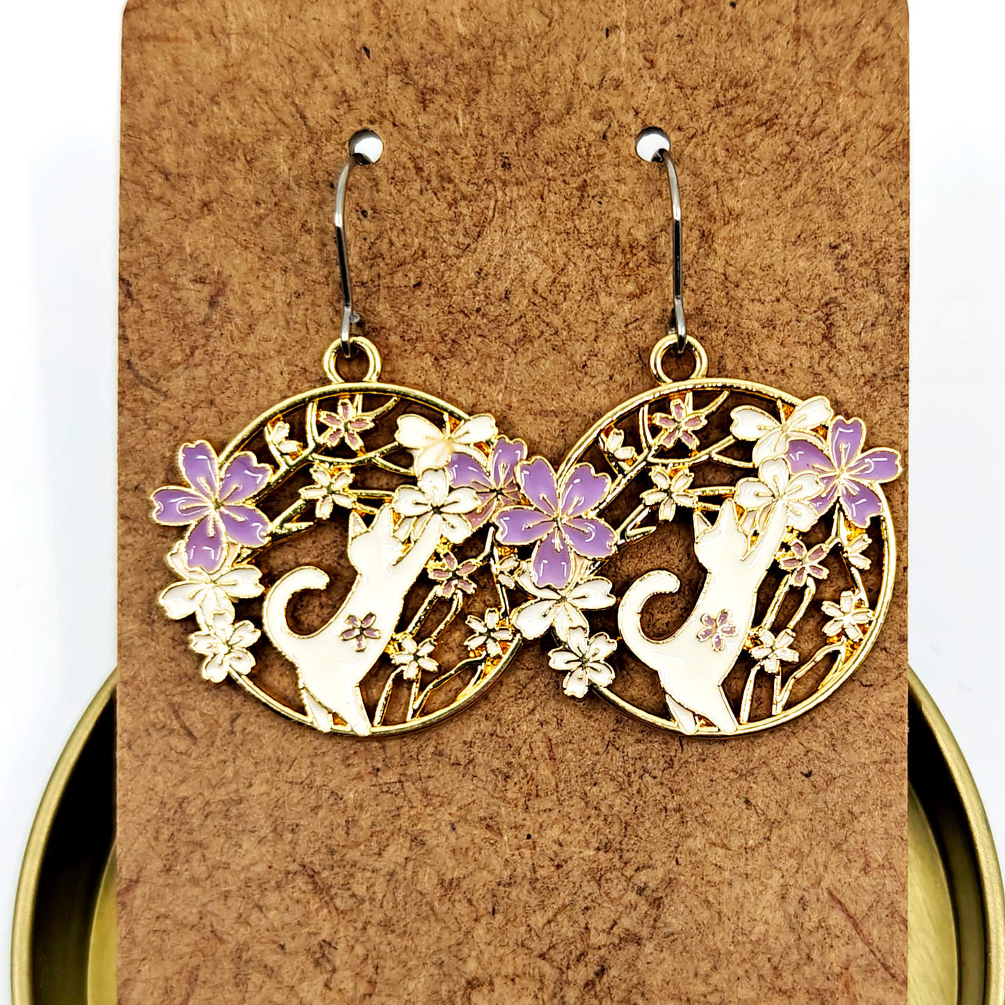 Purple Reaching Cat Earrings