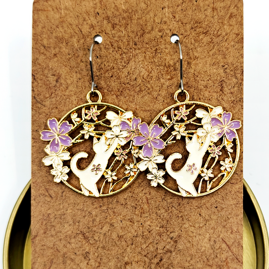 Purple Reaching Cat Earrings