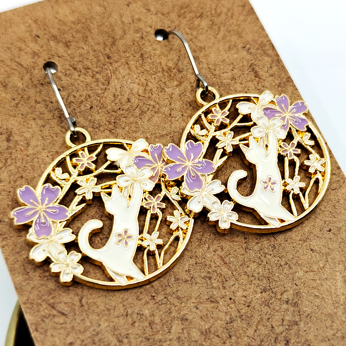 Purple Reaching Cat Earrings