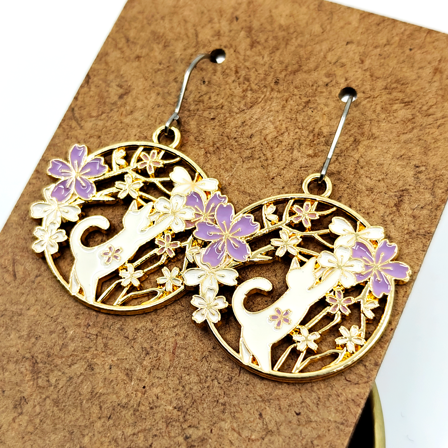 Purple Reaching Cat Earrings